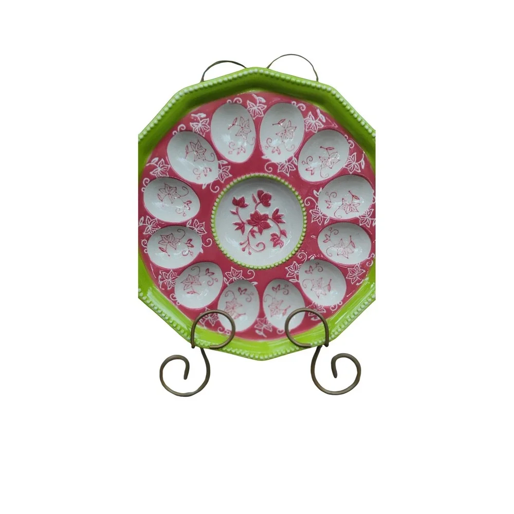 Temp-tations by Tara Deviled Egg Platter Red Lime Green Floral Ceramic 12 Slot